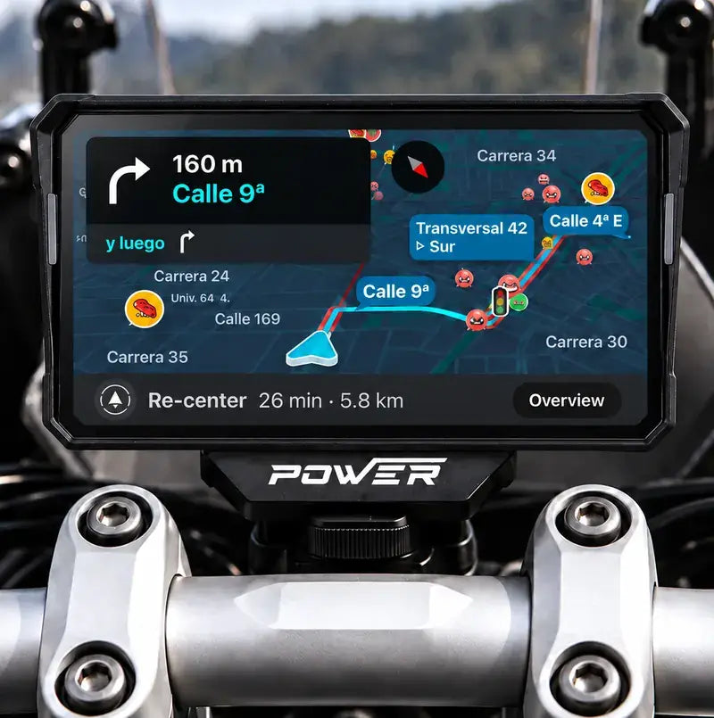 DVR NavPro 6 pulgadas en el manubrio con Waze en la pantalla