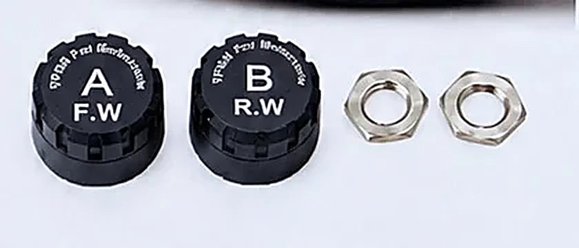 Sensores TPMS A (delantera) y B (trasera) con sus tuercas